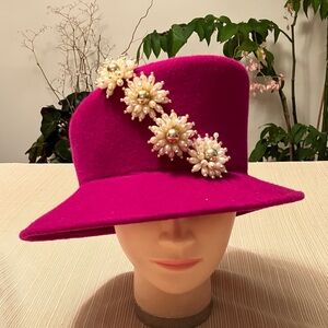 Elegant Magenta Wool Hat with Pearl Floral Accents